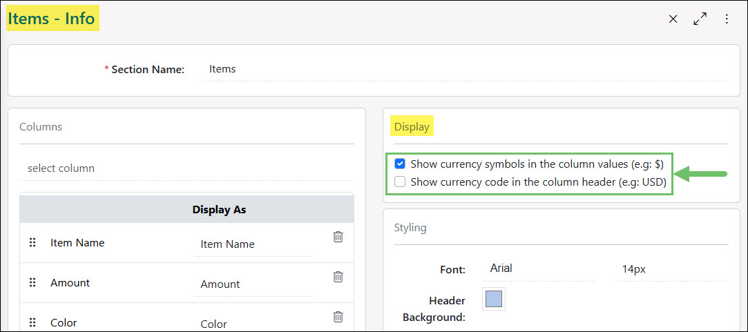 Default Currency Settings for Items Section of a Purchase Order Printable Format