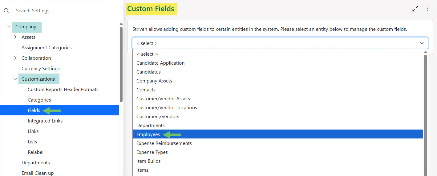 Employees Custom Field Settings Option