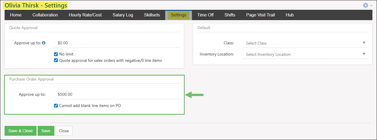 Employees Settings Tab Highlighting the Purchase Order Approval Section