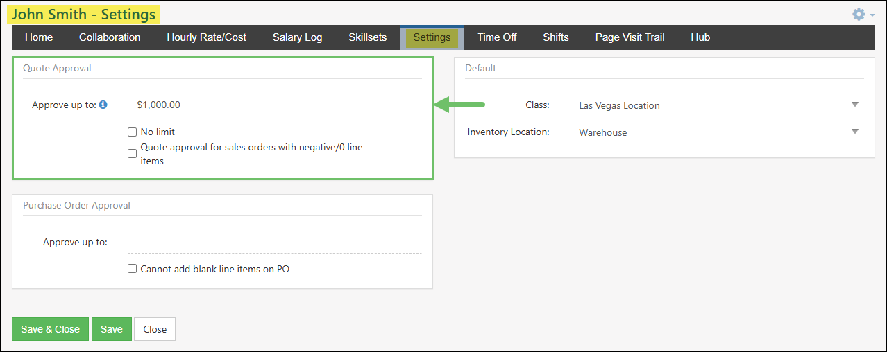 Example of Employees Settings Tab Highlighting the Quote Approval Section