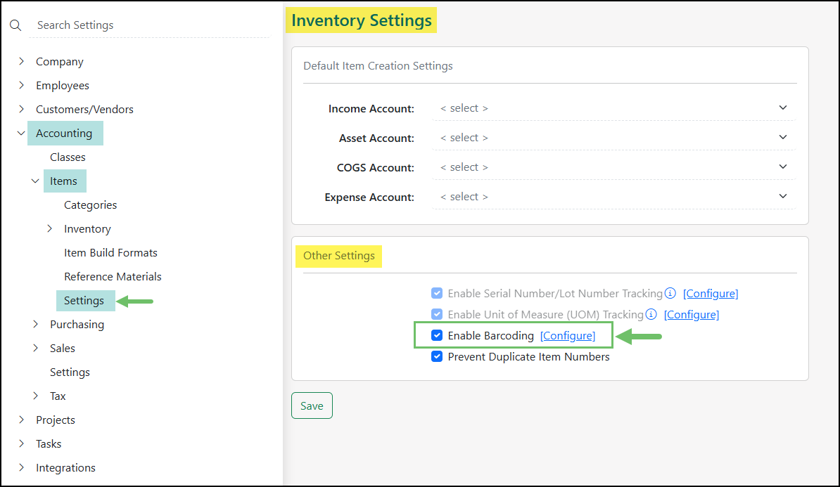 Enabling Barcoding in the Items Settings Page.