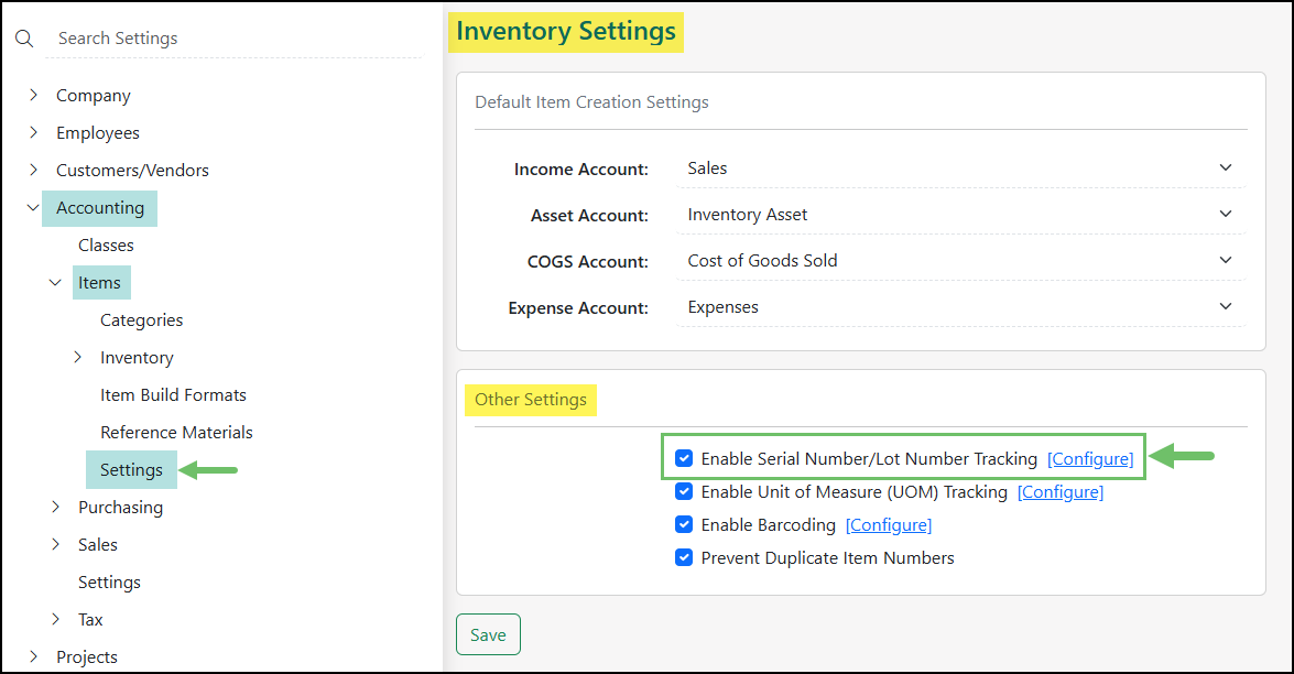 Enabling Lot Number Tracking on the Inventory Settings Page.