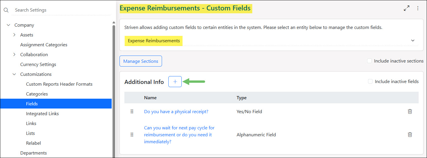 Expense Reimbursement Custom Fields