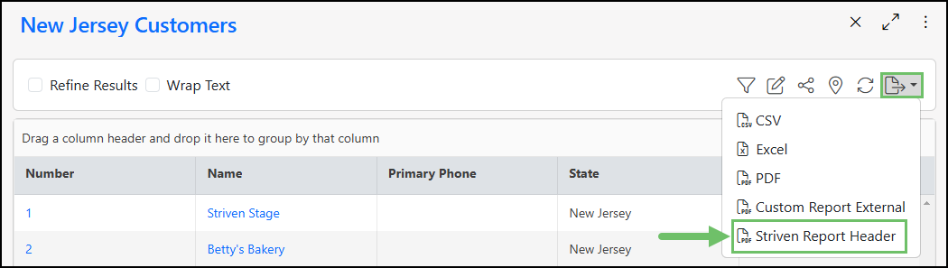 New Jersey Locations results from the report builder with the option to export with a custom option.