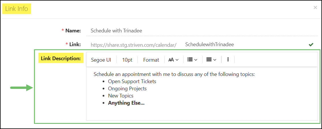 Link Info page for an external appointment link with the Link Description field highlighted.