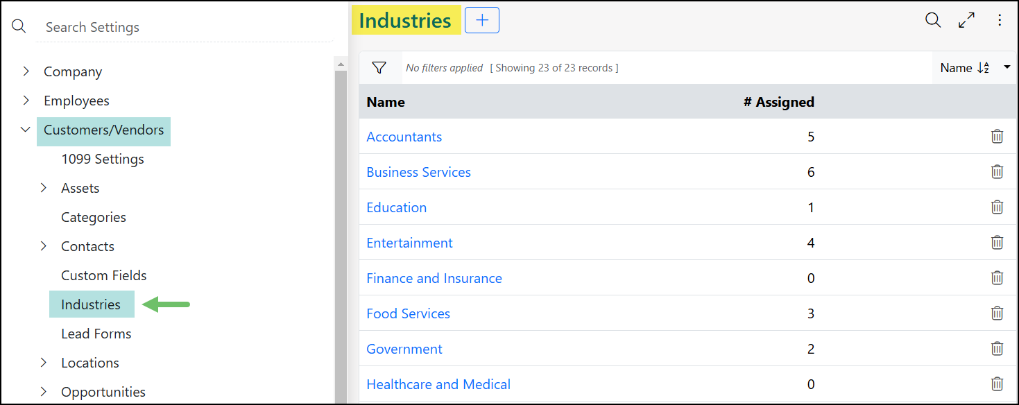 Industries Settings page which is highlighted in the side navigation menu