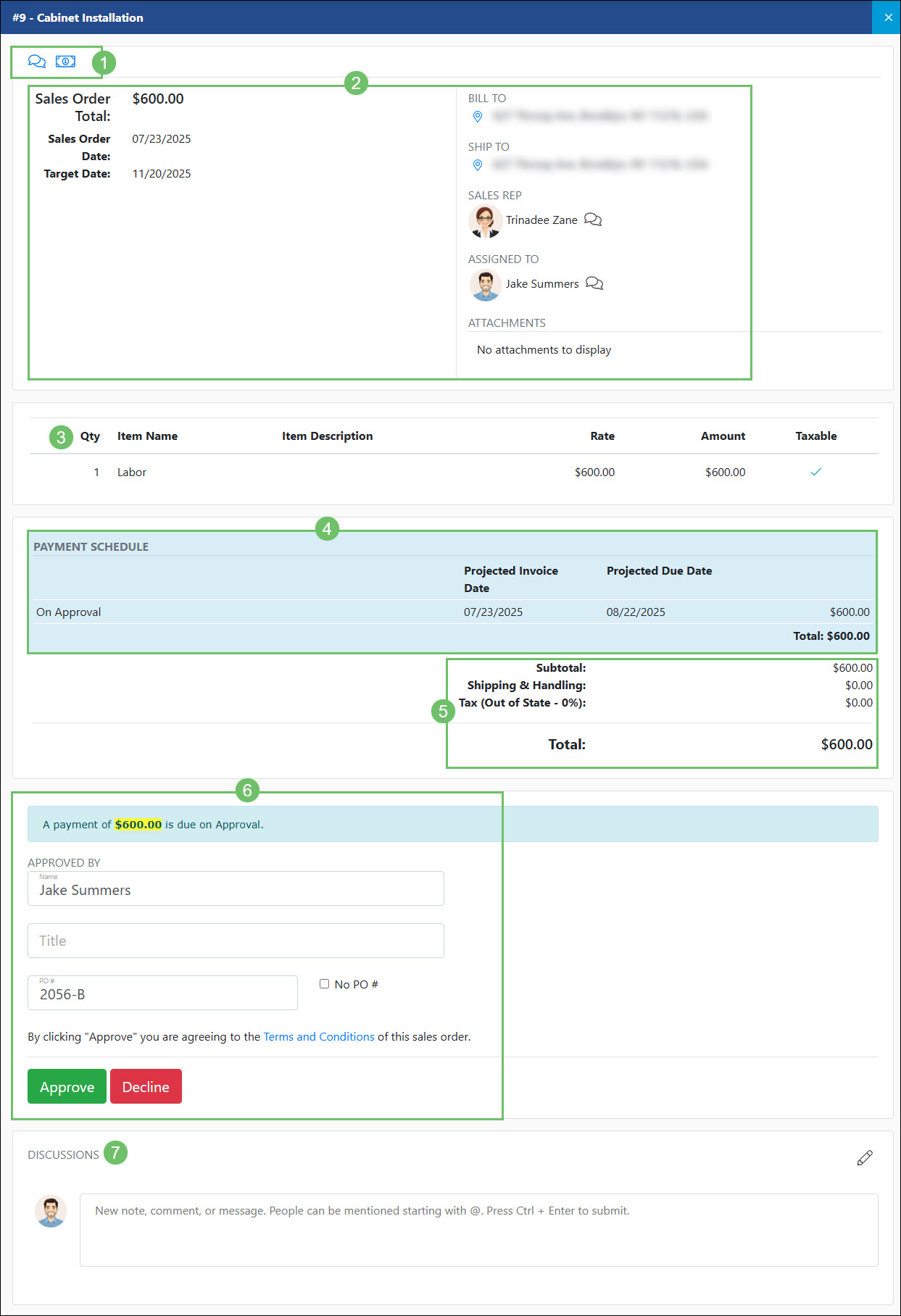 The Information and Actions Available on the Sales Order Info Page in the Customer Portal