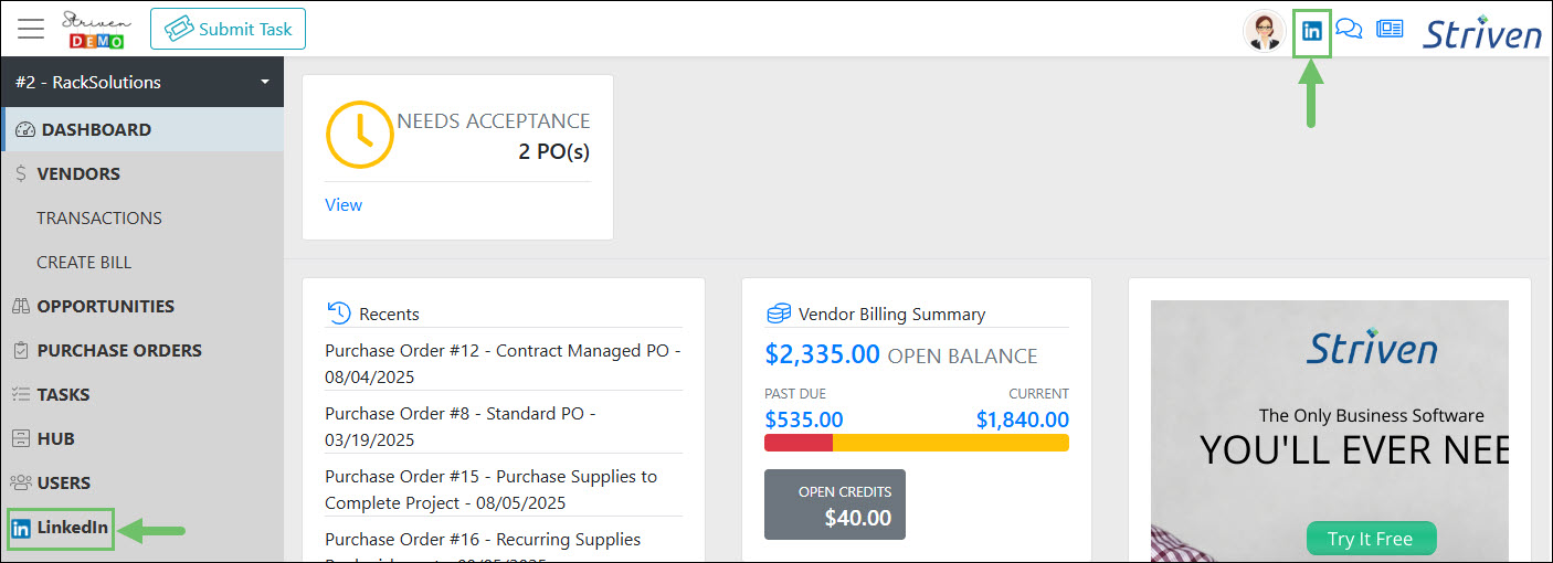 Integrated Links Added in the Customer and Vendor Portal