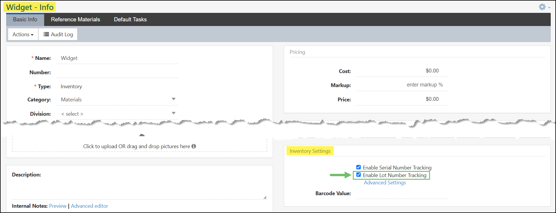 Inventory Settings Option to Enable Lot Number Tracking on Item Info Page.