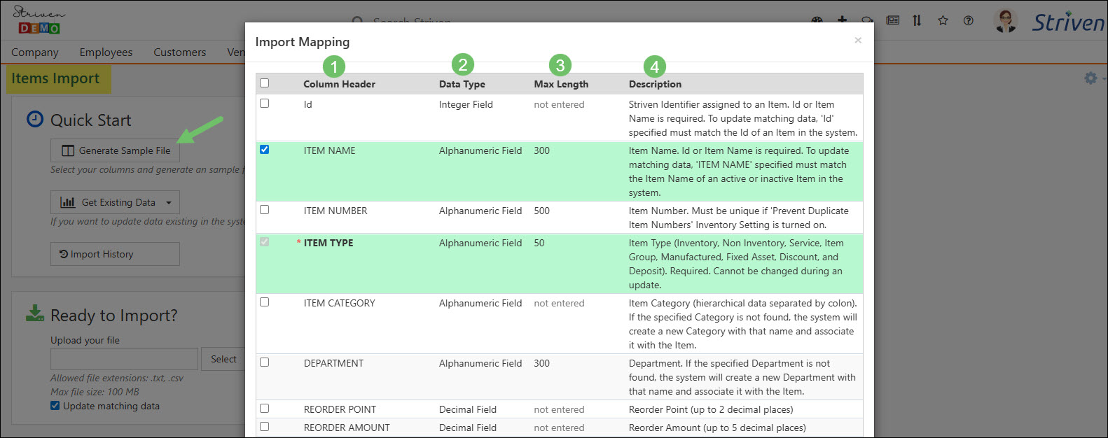 The Items Import Mapping Popup for Sample Import File