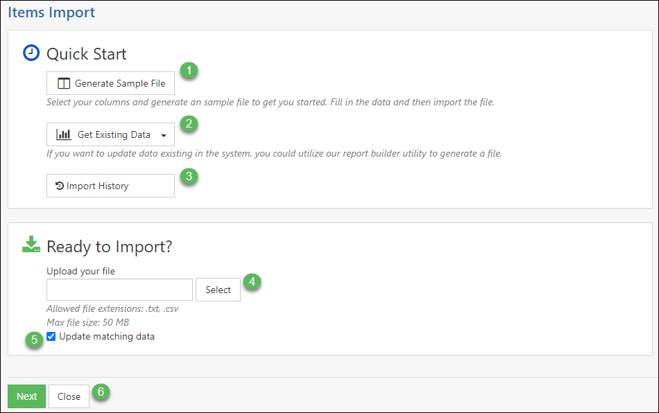 Items Import Page with options for generating a sample file, exporting previous import files, button for import history, upload file, and update matching data