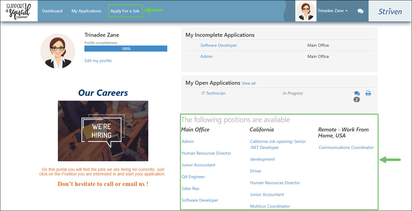 Job Postings are Listed on the Dashboard and Where to Access from the Portal Menu Bar