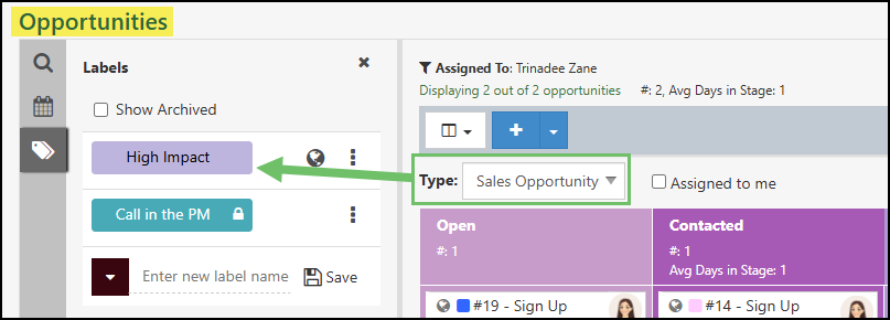 Labels Available Per Type in the Opportunity Board View