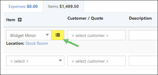 Lot Number Selection Button on a Bill.