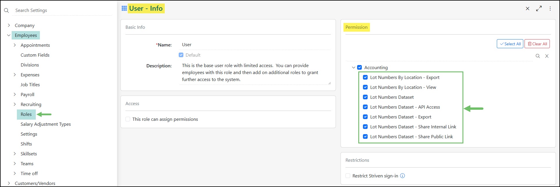 A list of Lot Numbers Related Permissions.
