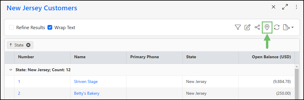 Results from the Report Builder for New Jersey Customers listed results with the option to map it.
