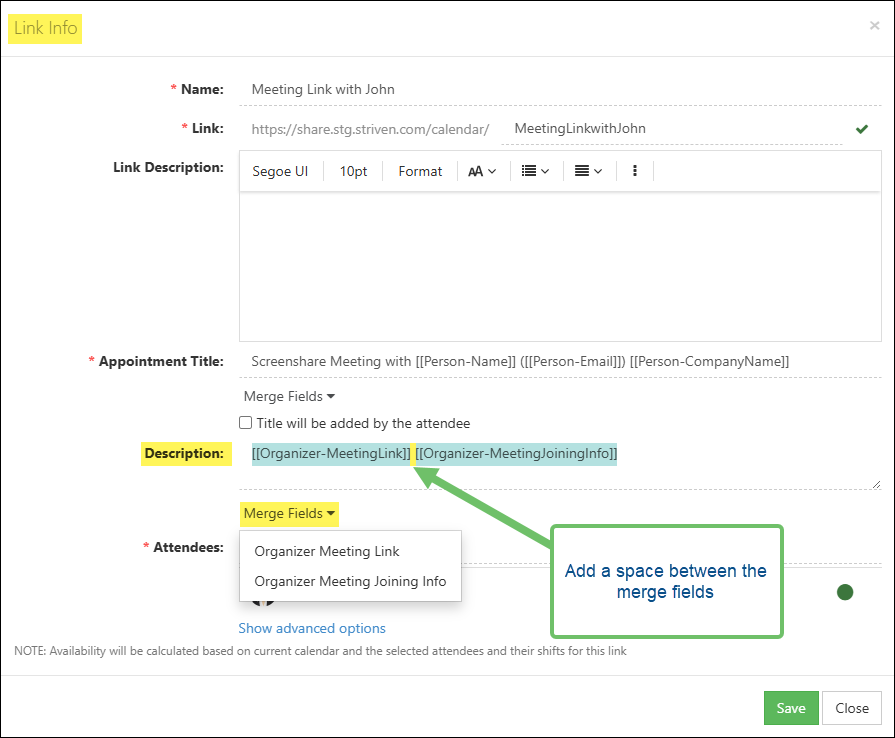 Meeting Link Merge Fields for the Meeting Description