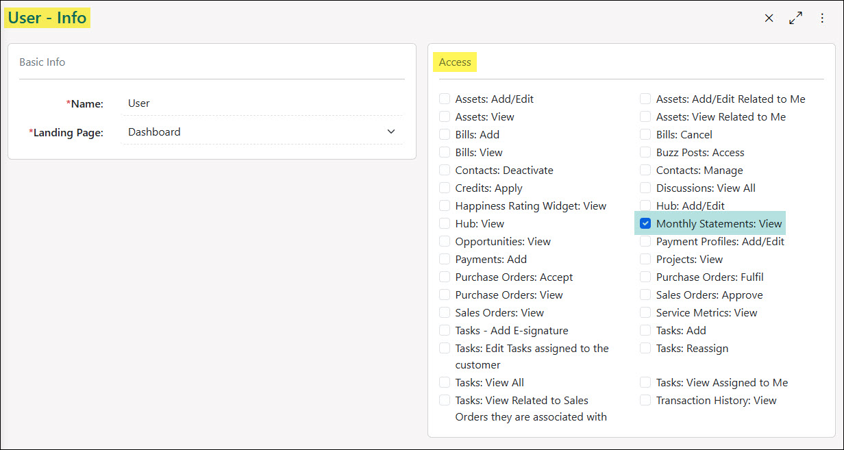 Monthly Statement Related Permissions for the Customer Portal