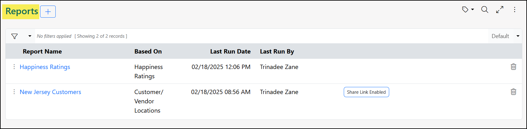 List of reports that an employee access from the My Reports button under their profile.