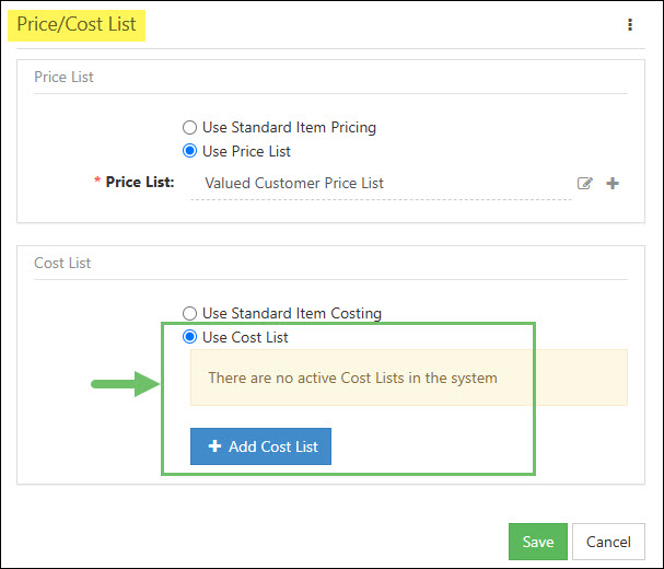 No Price or Cost Lists Available from the Price Cost List Widget