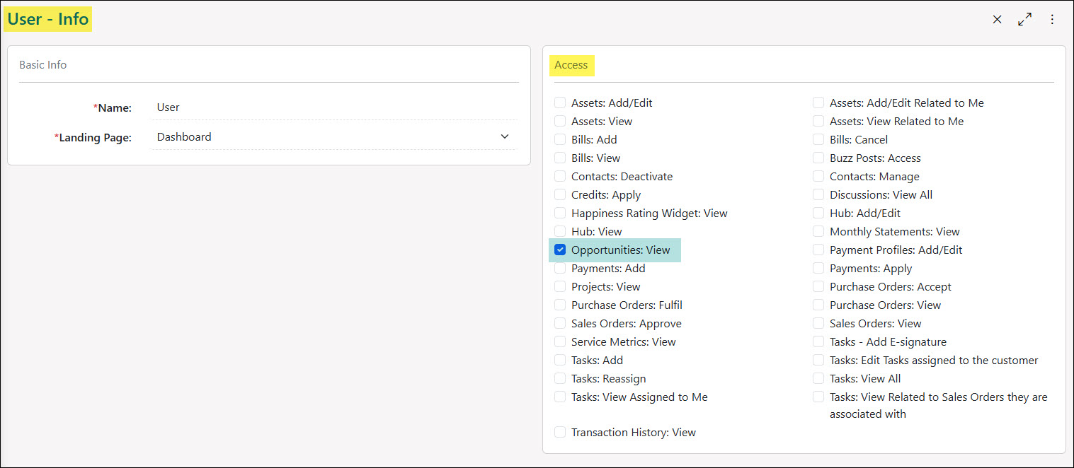 Example of Opportunities Related Permissions for the Customer Portal