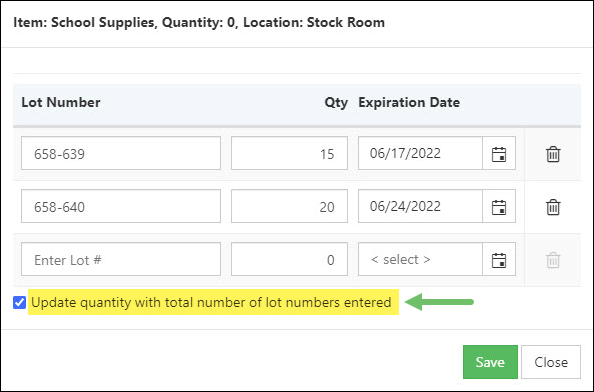 The Option to Update Quantity with Total Number of Lot Numbers Entered.