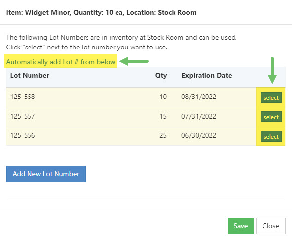 The Options for Selecting Items with Lot Numbers on Transactions.