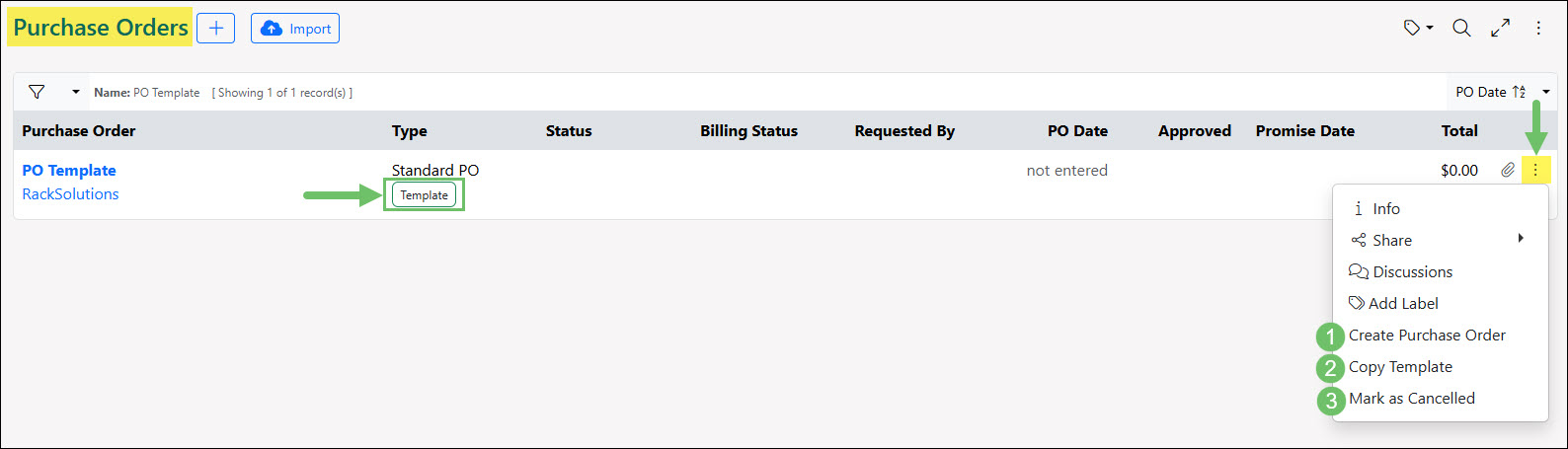 PO Templates from the Purchase Order List