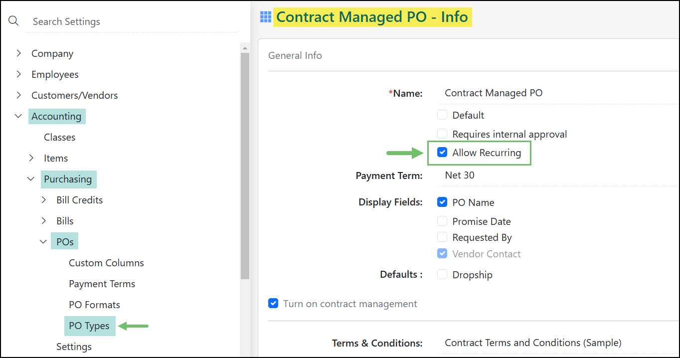 PO Type with Recurring Enabled