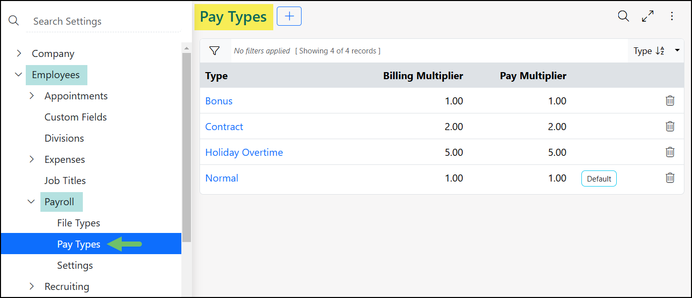 Pay Types List under Payroll Settings