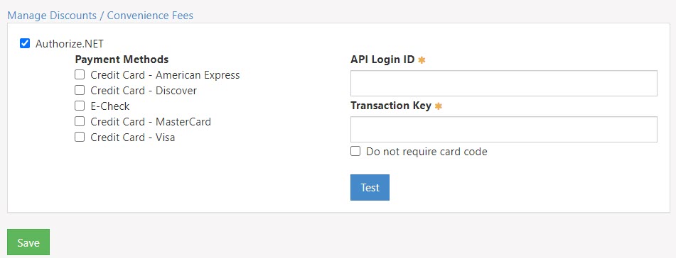 Payment Integration Setup options. Authorize.net. API Login & Transaction key