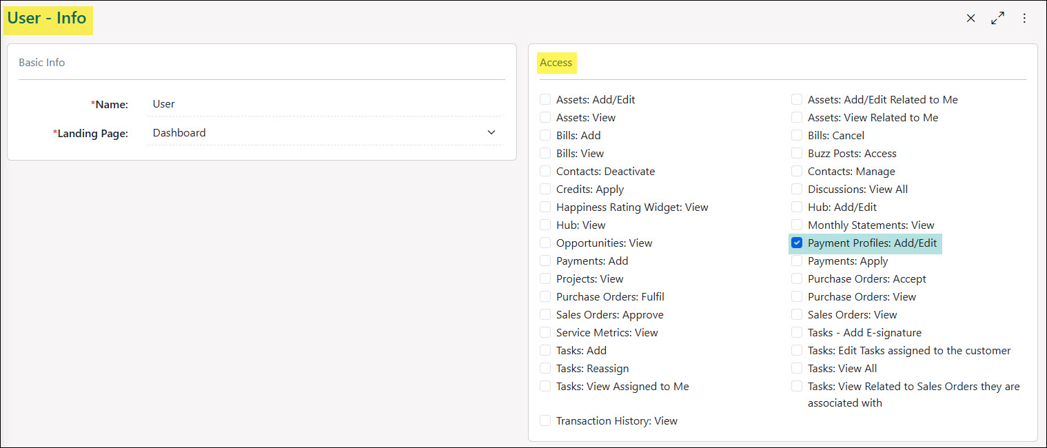 Example of Payment Profiles Related Permissions for the Customer Portal