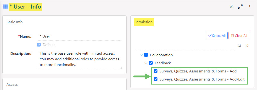 The Permissions Related to Surveys, Forms, Quizzes, and Assessments