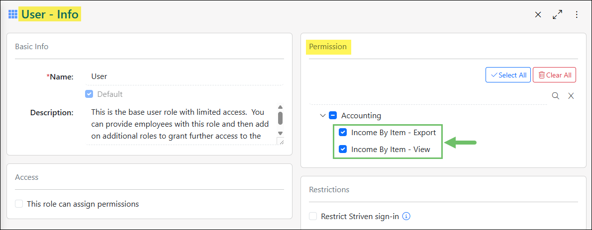 Permissions Related to the Income by Item Report