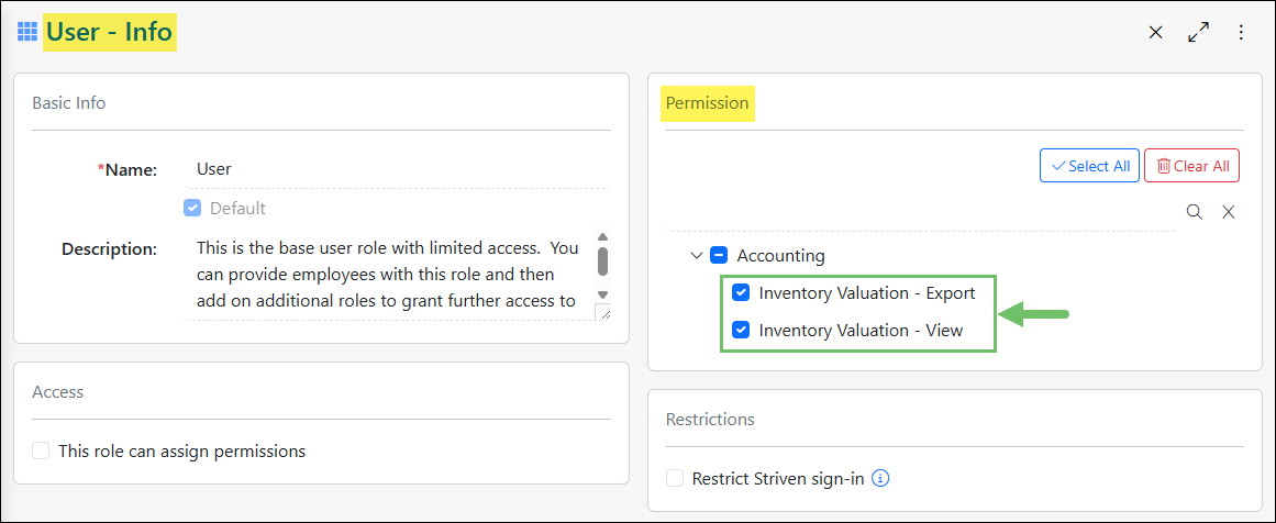 Permissions Related to the Inventory Valuation Report