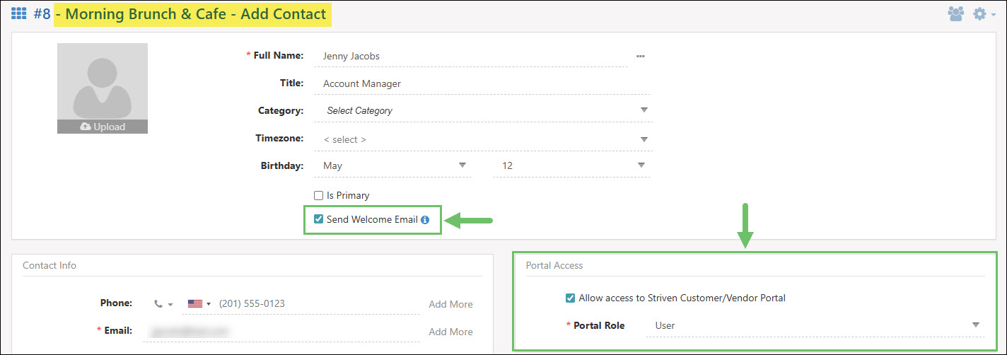 Portal Options When Adding a Contact to a Customer