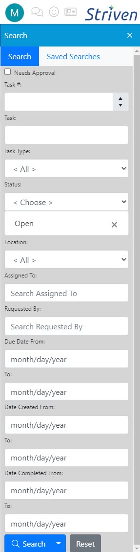 Customer/Vendor Portal task search filter options, including task, task #, Task type, status, location, assignee, requested by, due date range, created date range, completion date range