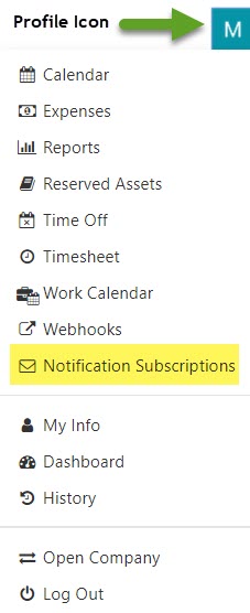 Profile Menu for Calendar, Expenses, Reports, Reserved Assets, Time Off, Timesheet, Work Calendar, Webhooks, My Notifications, My Info, Dashboard, History, Open Company, Log Out