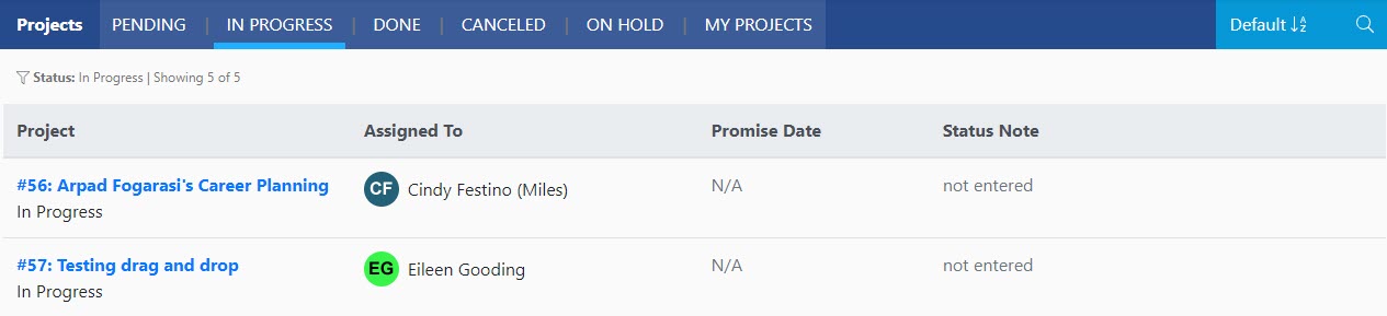 Projects view in customer portal showing pending, in progress, done, cancelled, on hold, as well as project name, assignee, promise date and status note