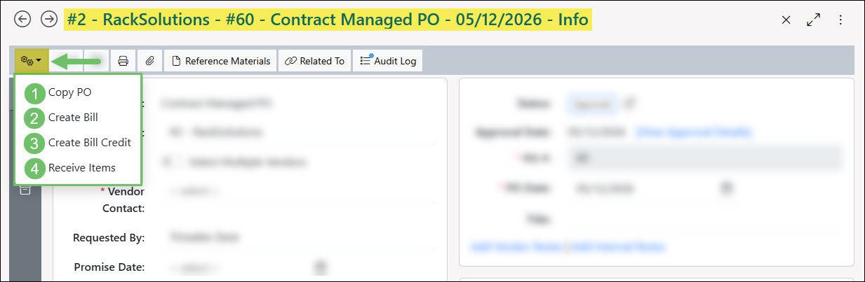 Purchase Order Actions Menu
