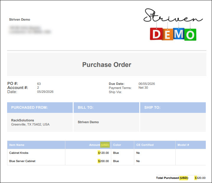 Purchase Order Printable Format Displaying Currency Symbols & Currency Codes