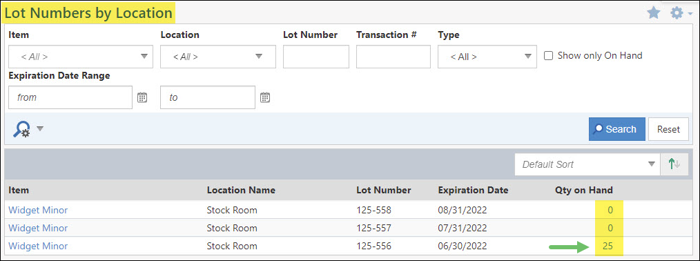 The Qty on Hand Column of a Lot Number By Location Report.