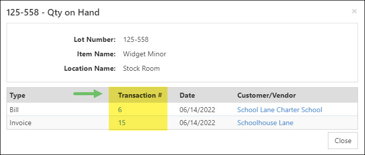 The Qty on Hand Details Popup from Lot Numbers By Location Report.