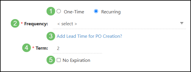 Recurring Options When Adding a Purchase Order including Frequency and Terms.