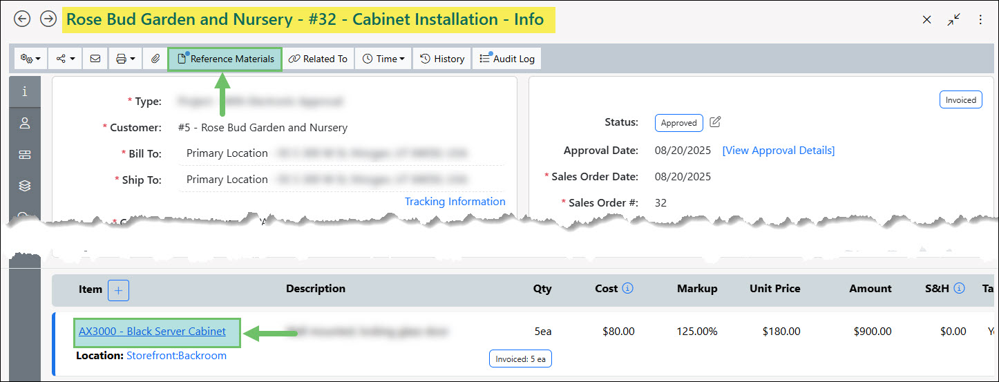 Reference Materials Available on a Sales Order