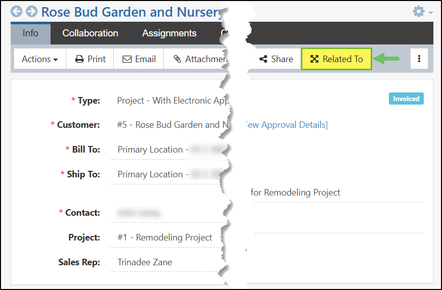 The Related To Tab highlighted on the top of a Sales Order