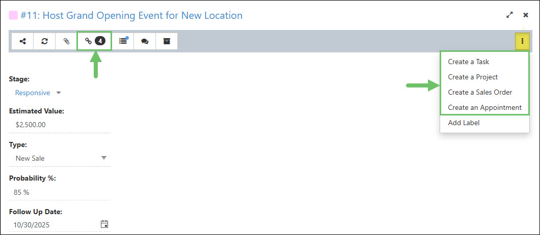 Relating Entities to Opportunities from the Actions Menu