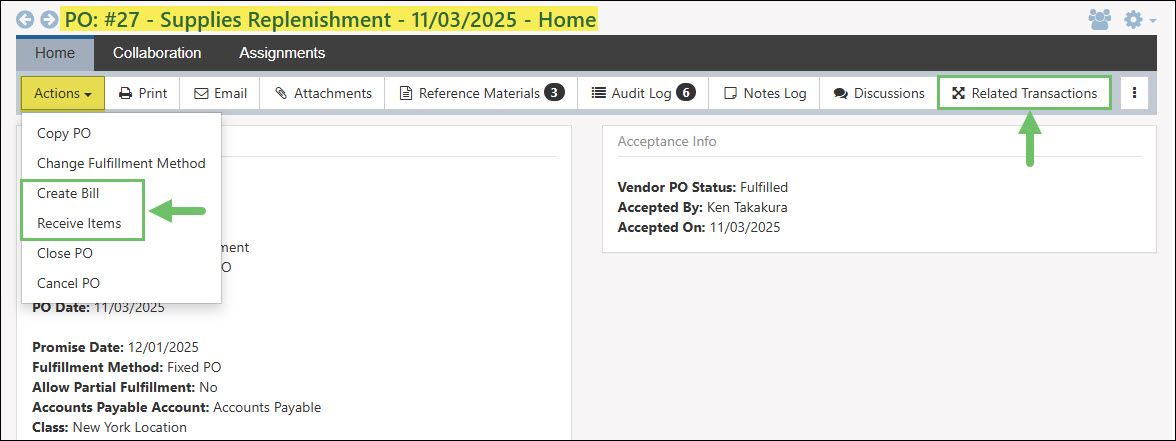 Relating Entities to Purchase Orders from the Actions Menu