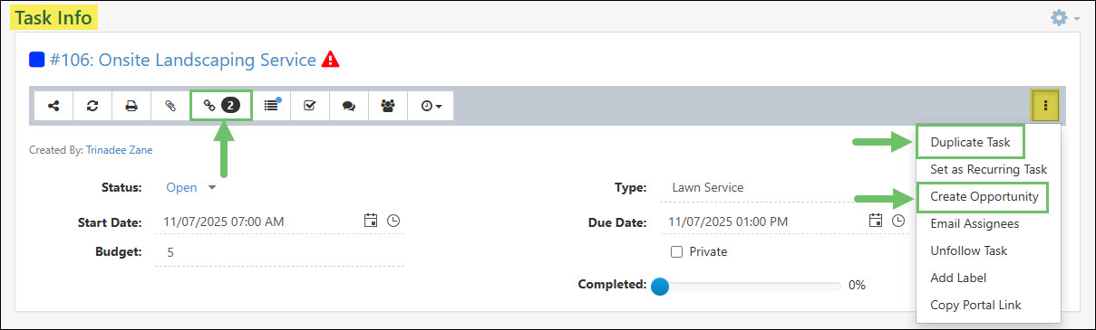 Relating Entities to Tasks from the Actions Menu