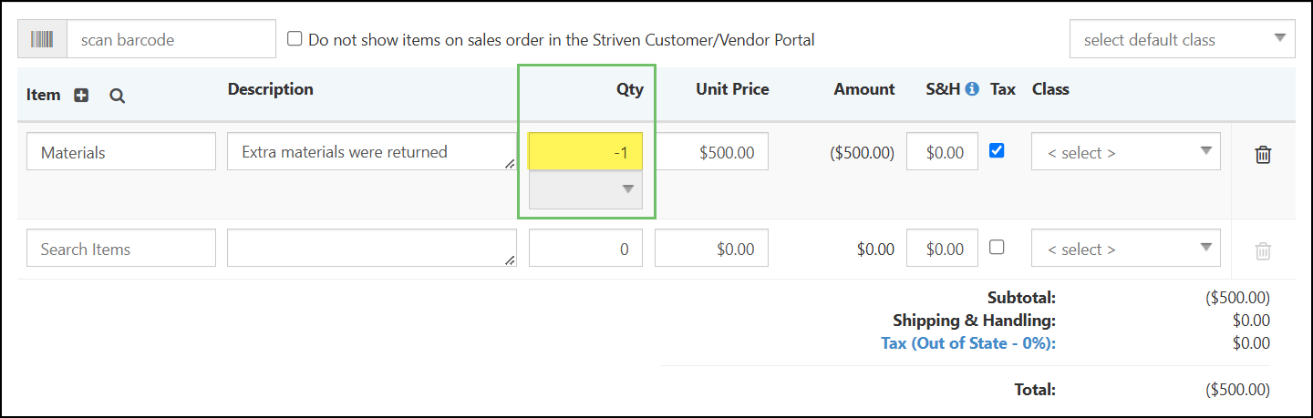 Item section on a Sales Order highlighted to show the quantity has been changed to a negative 1 to remove an item from the Sales Order